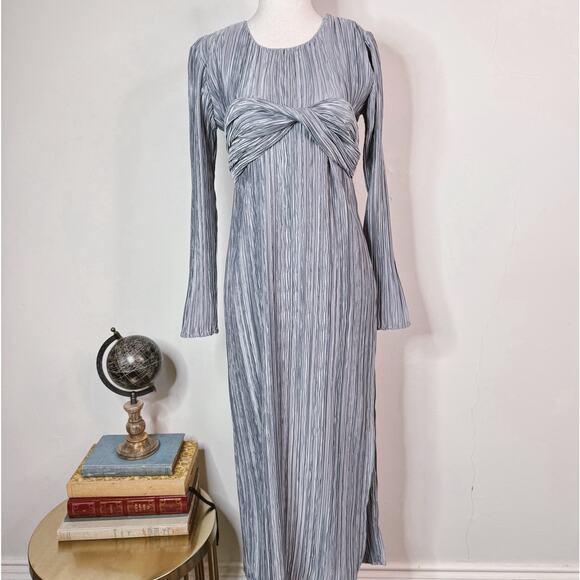 Marina Moscone Twist Front Midi Dress Crinkle Pleated Blue Size 0 Minimalist - Picture 1 of 11